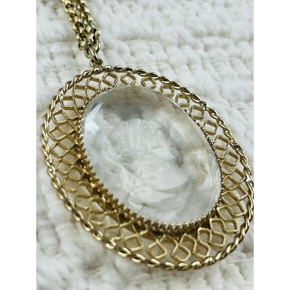 Set 2 Vintage Whiting Davis Clear Intaglio Cameo Pendant Necklace Silver Gold To - Picture 10 of 12